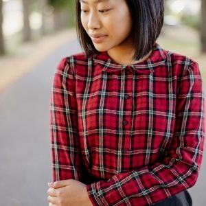 Son de Flor Classic Shirt, Long Sleeve in Red Tartan - Size Small